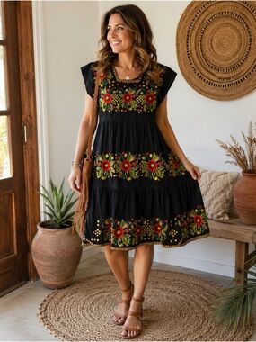 Black Embroidered Floral Midi Dress with Tiered Skirt Boho Cottagecore Artisan